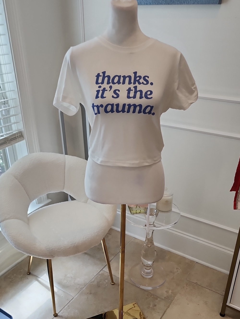 SHEIN White Cropped Tee with Blue Slogan